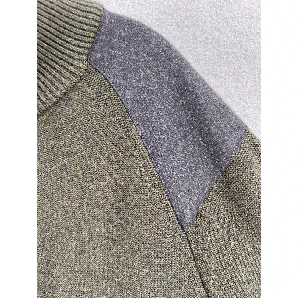 Banana Republic Sweater Men Sz Large Green Gray Wool Full‎ Zip Elbow Patch Cabin